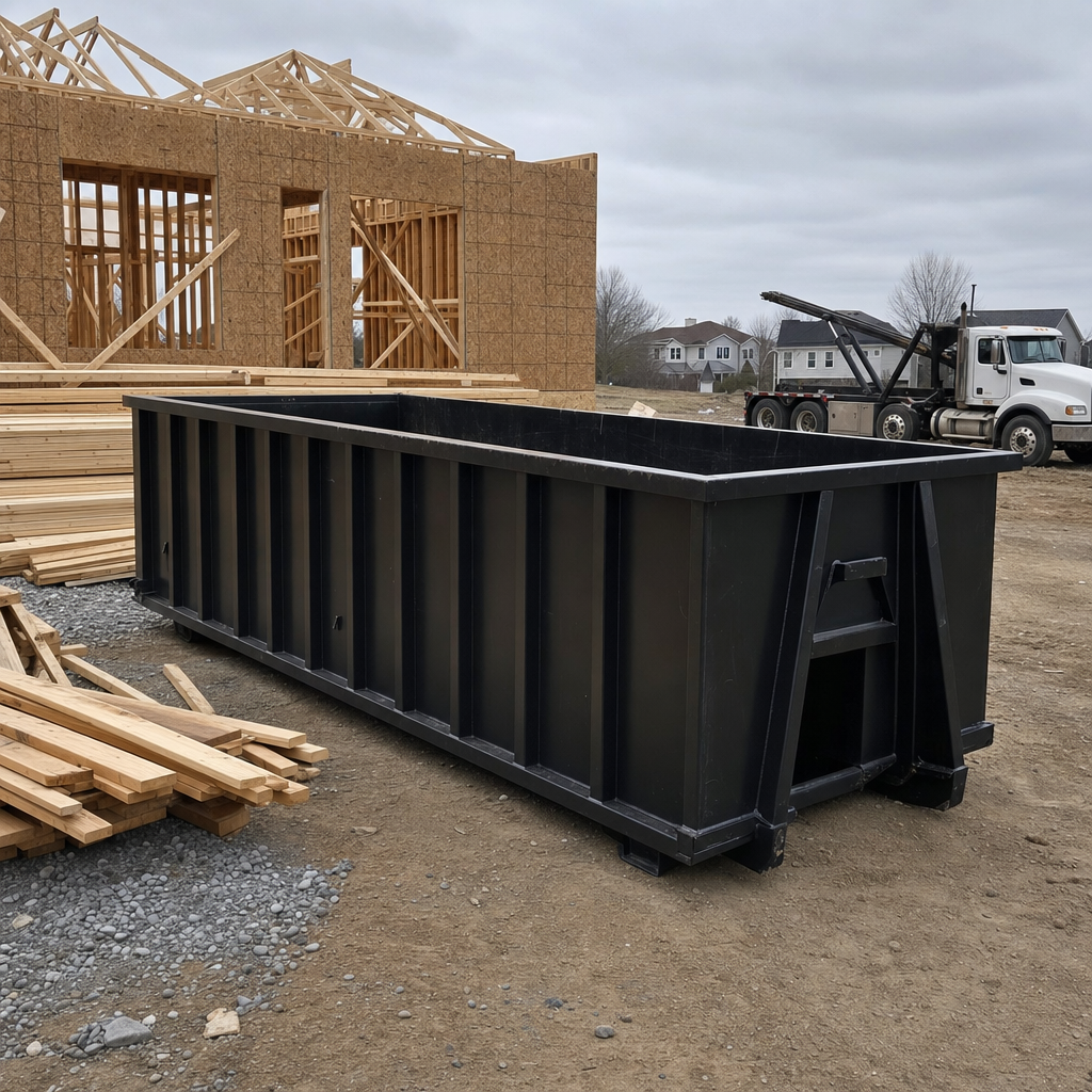 Matte-black 40-yard roll-off dumpster staged on a framed-out residential construction site in Towson, framing lumber stacked nearby, hooklift delivery truck visible in the background under bright Colorado daylight