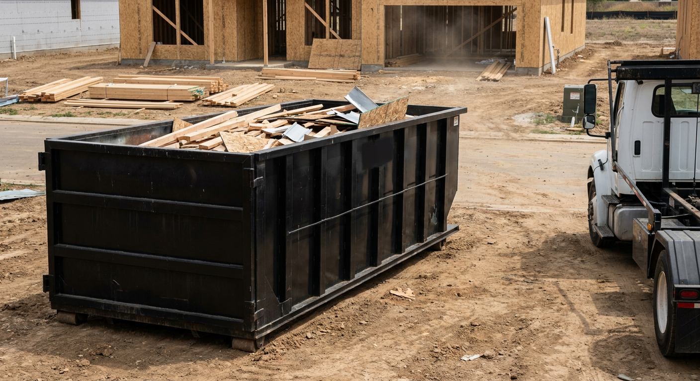 Matte-black 20-yard roll-off construction dumpster with heavy ribbed steel sidewalls and swing rear doors at a working jobsite in Towson, sitting directly on compacted dirt with an unmarked white hauler partially visible at the far edge of the frame.