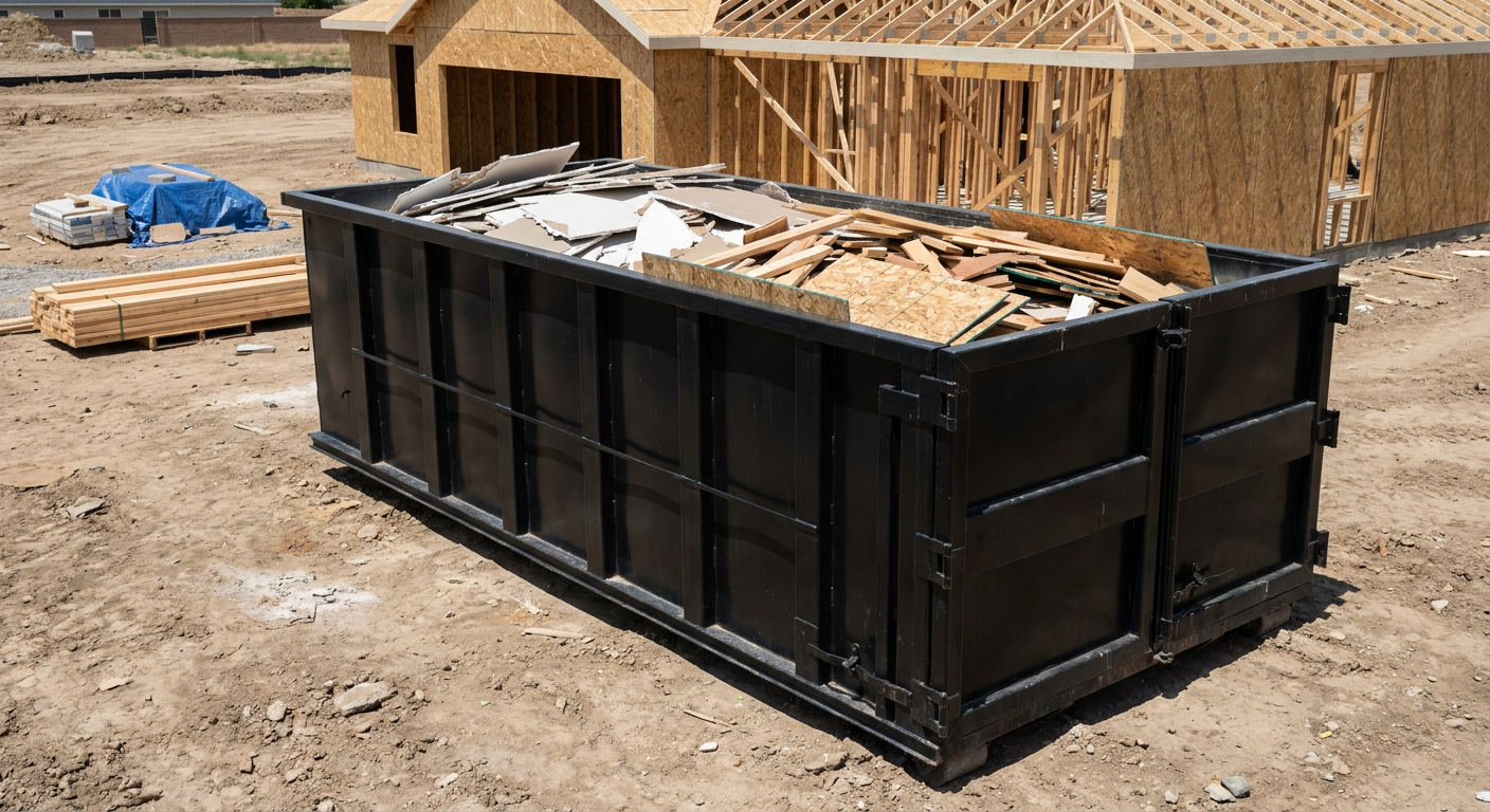 Matte-black 30-yard roll-off construction dumpster sitting directly on the compacted-dirt site of a framed single-family home build in Towson, drywall and lumber scrap loaded inside.
