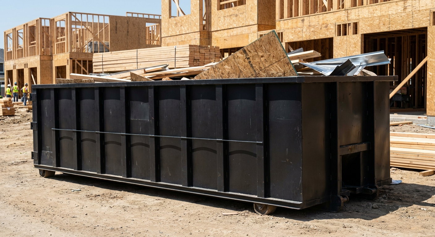 Matte-black 40-yard roll-off construction dumpster being lowered from a white-cab hooklift delivery truck onto the compacted-dirt jobsite at a commercial build site in Towson