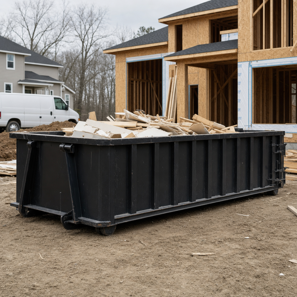Worker in a yellow high-visibility vest tossing framing lumber and broken drywall into a matte-black 30-yard construction roll-off dumpster on an active build site in Towson, bright daylight