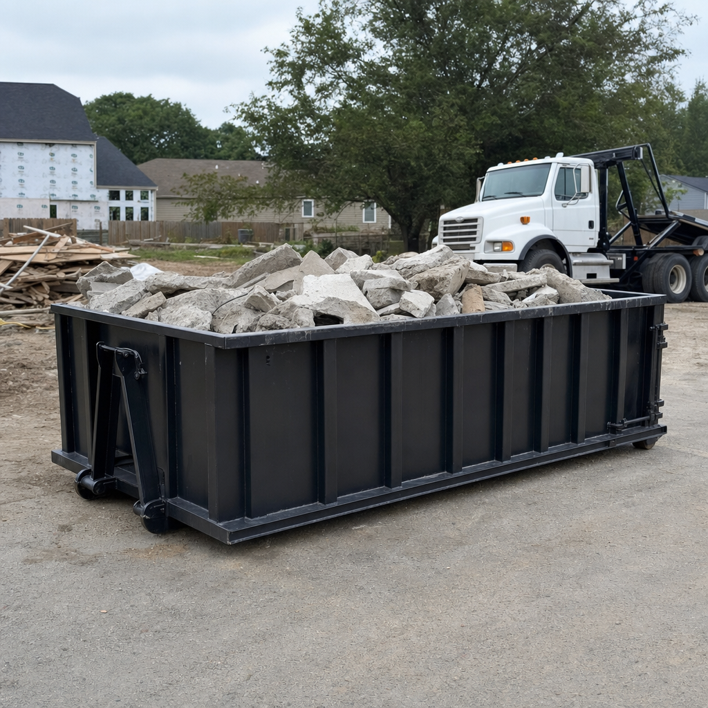 Low-profile matte-black lowboy roll-off dumpster loaded with broken concrete slab and rebar at a foundation tear-out in Towson, skid steer parked beside it, sunny Colorado morning