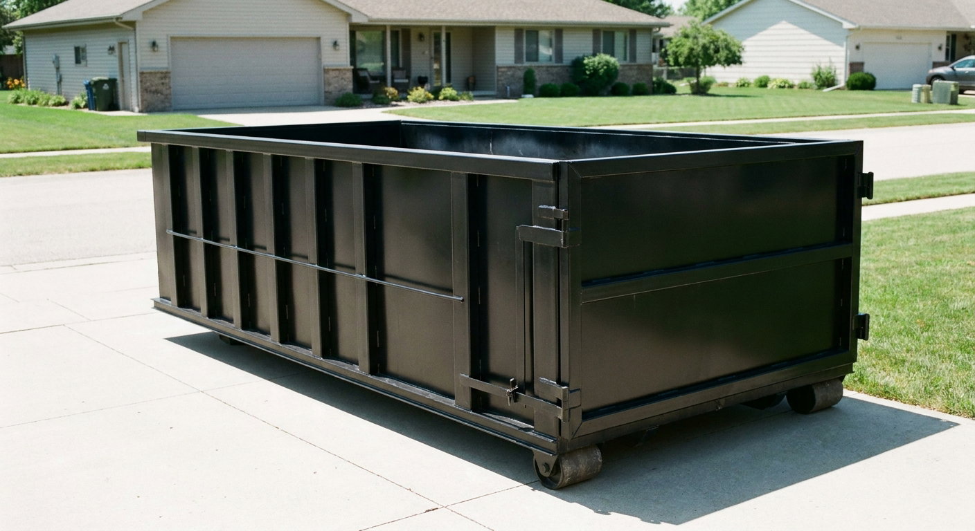 Matte-black 10-yard roll-off dumpster on a residential concrete driveway in Towson, uniformly painted matte black across every panel and rail, ribbed steel sidewalls and rear swing door visible, mid-day daylight.