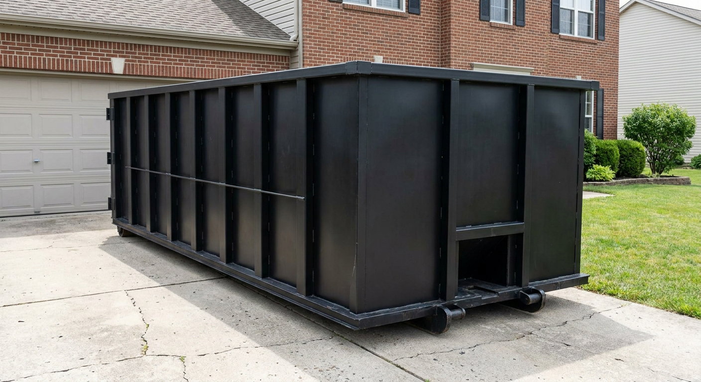 Matte-black 20-yard roll-off container on a Towson residential concrete driveway with reinforced ribbed steel sidewalls and a hinged rear walk-in door, clean bright daylight.