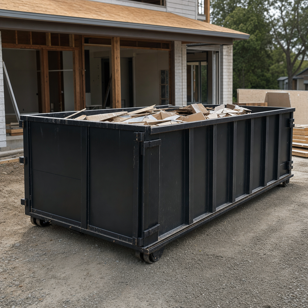 Large matte-black 30-yard construction roll-off dumpster at an active Towson jobsite, steel-gray top rails and bottom rollers visible, loaded with construction debris.