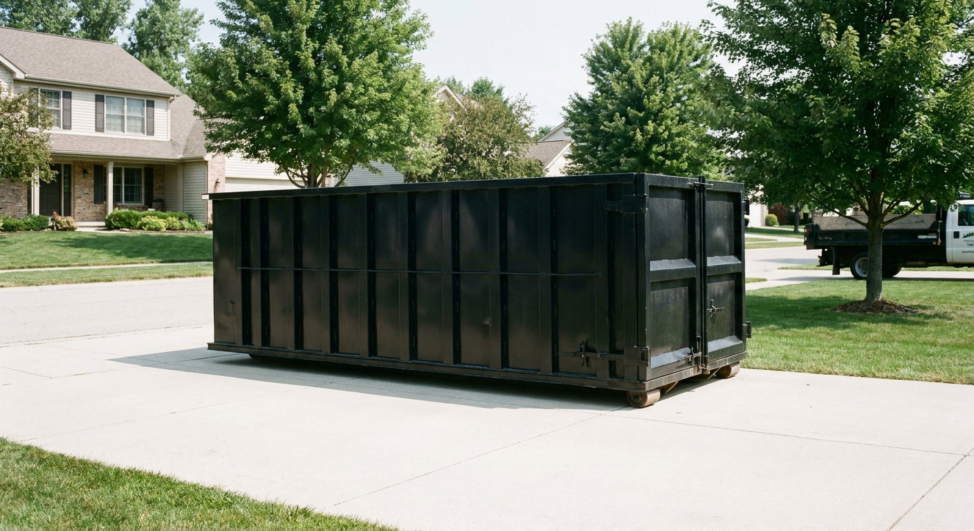 Matte-black 20-yard roll-off dumpster sitting level on a clean Towson residential concrete driveway under bright daylight, demonstrating clean placement directly on the concrete.