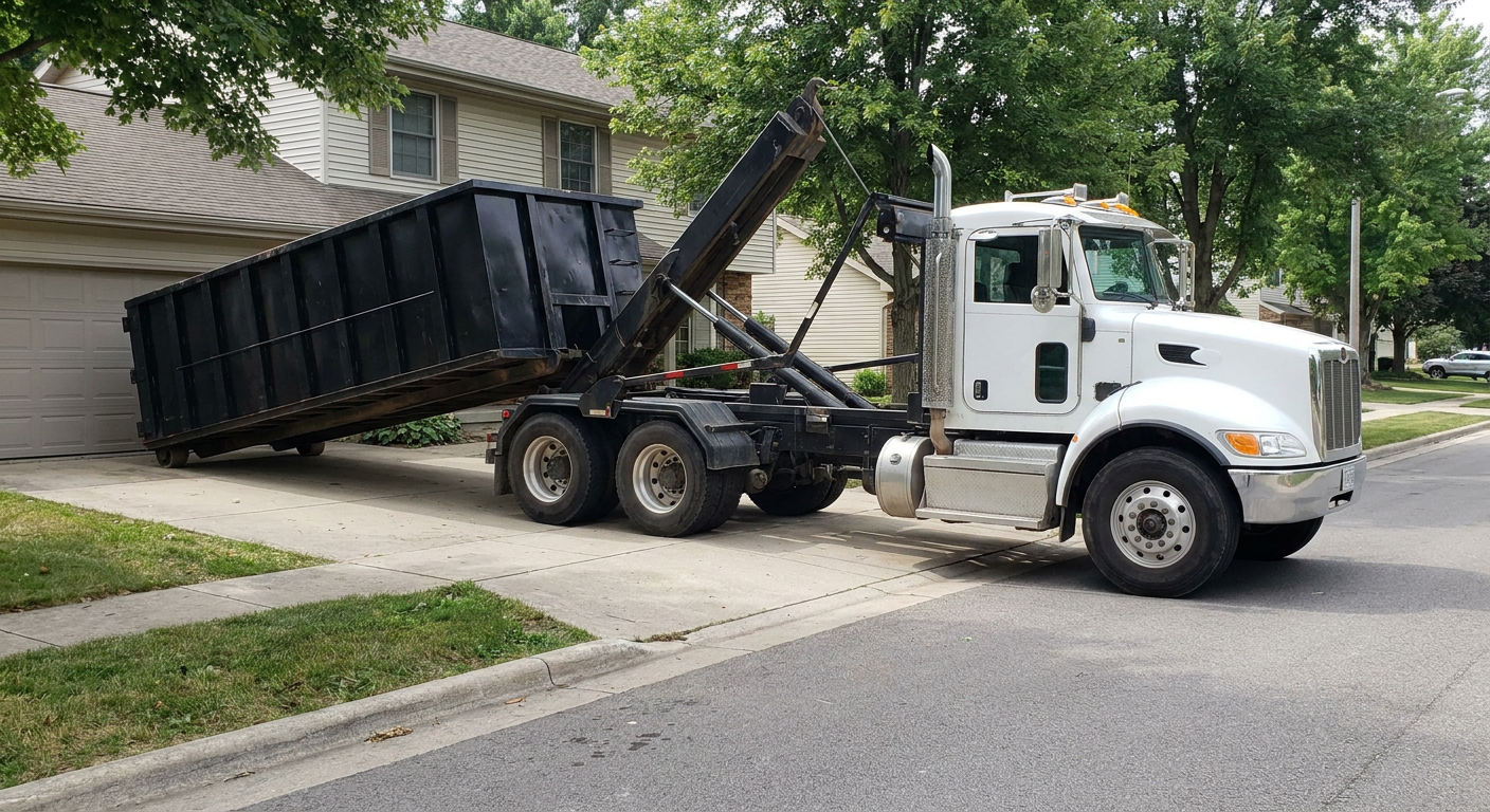 White-cab hooklift roll-off truck actively lowering a matte-black dumpster onto a Towson residential concrete driveway, the dumpster's rear wheels touching the driveway as the hoist arm tilts the bed forward, mid-morning daylight.