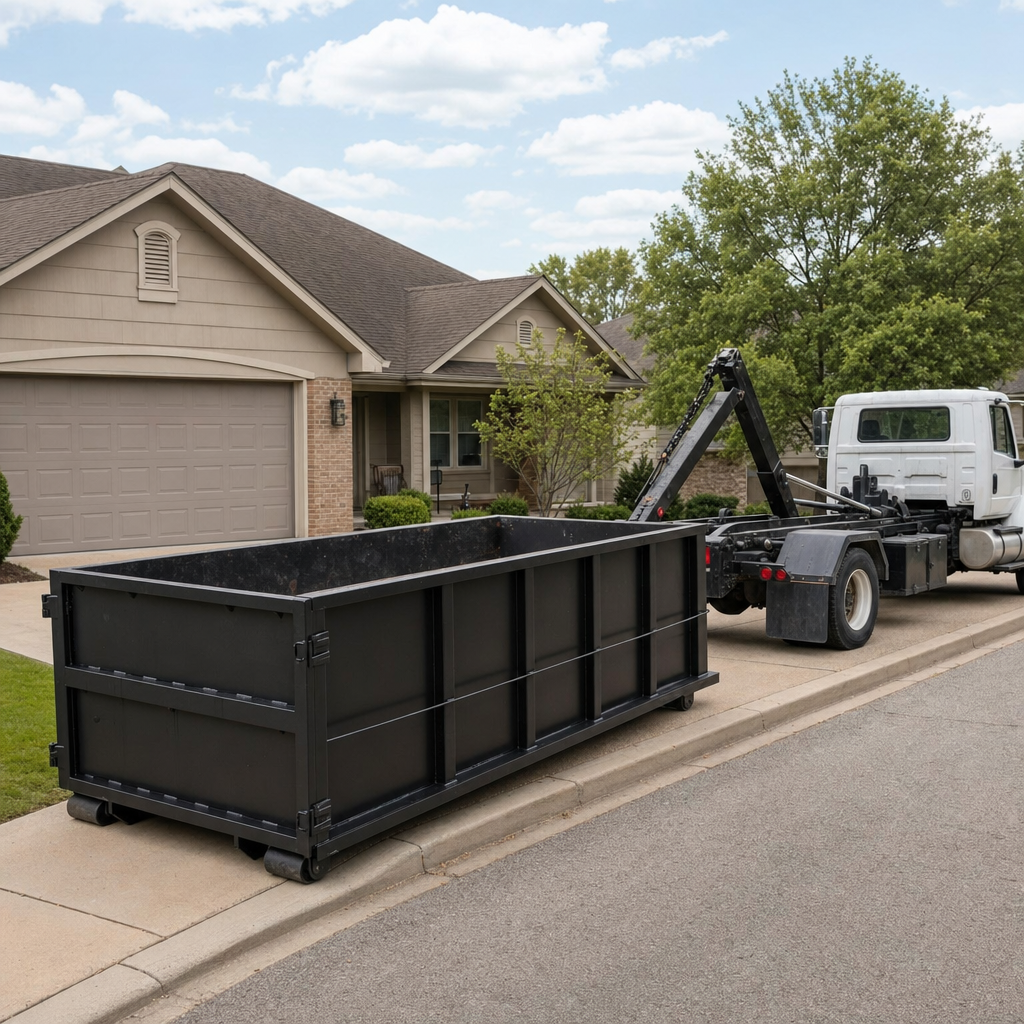 Wide documentary shot of a matte-black roll-off dumpster on a Towson residential driveway in the foreground and a contractor jobsite container in the soft-focus background, bright daylight, calm and orderly composition.
