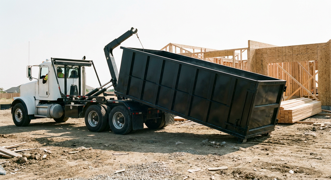 Matte-black roll-off dumpster being delivered onto a clean residential concrete driveway in Towson by an unmarked white hooklift hauler truck, bright morning daylight, documentary 35mm perspective.