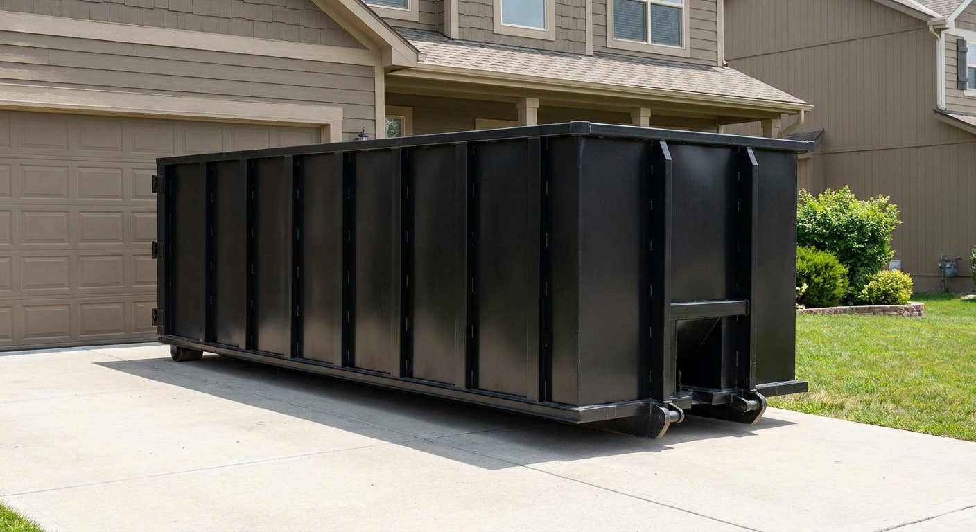 Matte-black residential roll-off dumpster sitting directly on a suburban Towson concrete driveway, garage door closed, single-family home in background, bright morning daylight.