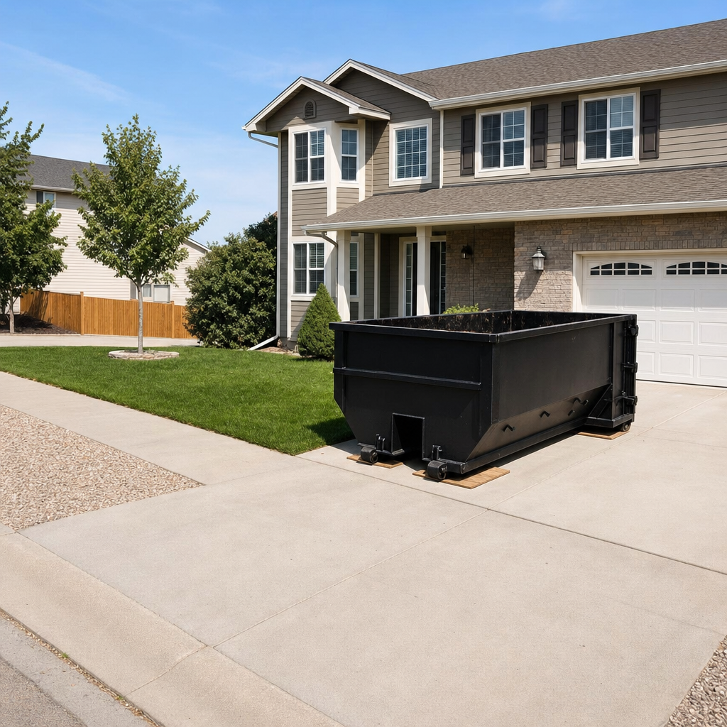 10-yard matte-black residential dumpster placed directly on a narrow Towson concrete driveway, room remains for a parked sedan beside it, mid-morning natural light