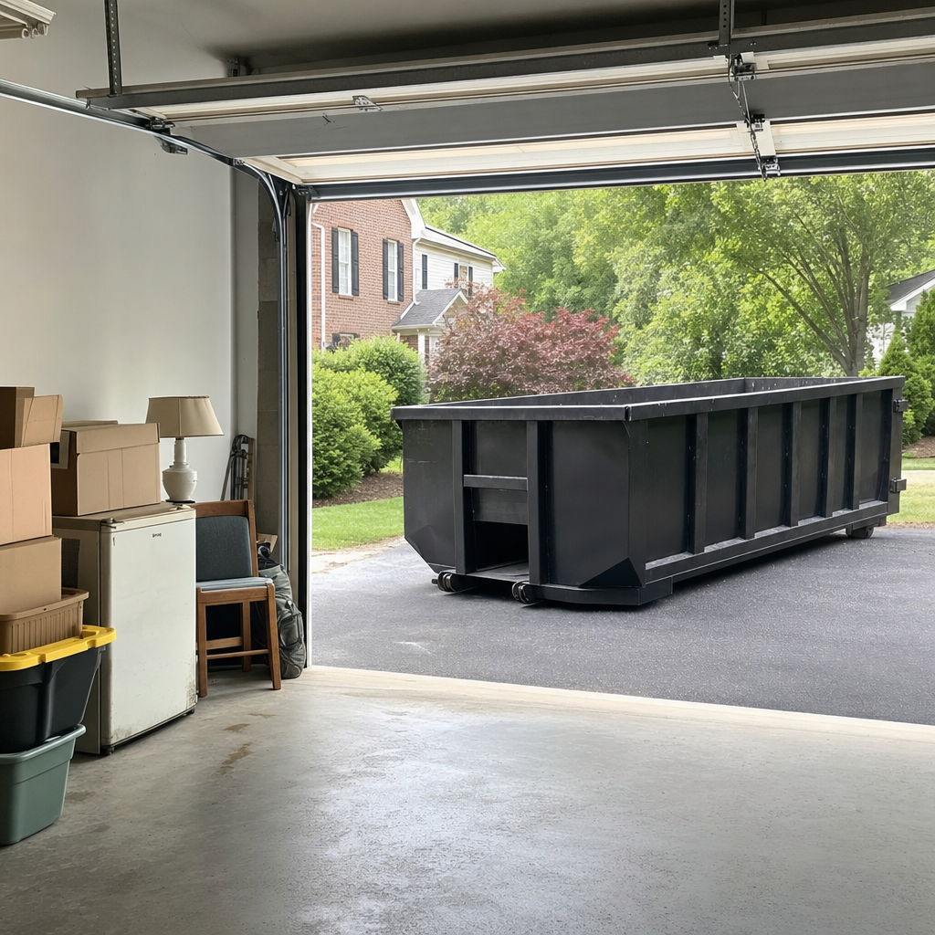 Open garage interior in a Towson home mid-cleanout — boxed items, an old appliance, and stacked yard tools queued near the driveway for a matte-black roll-off dumpster, organized and calm