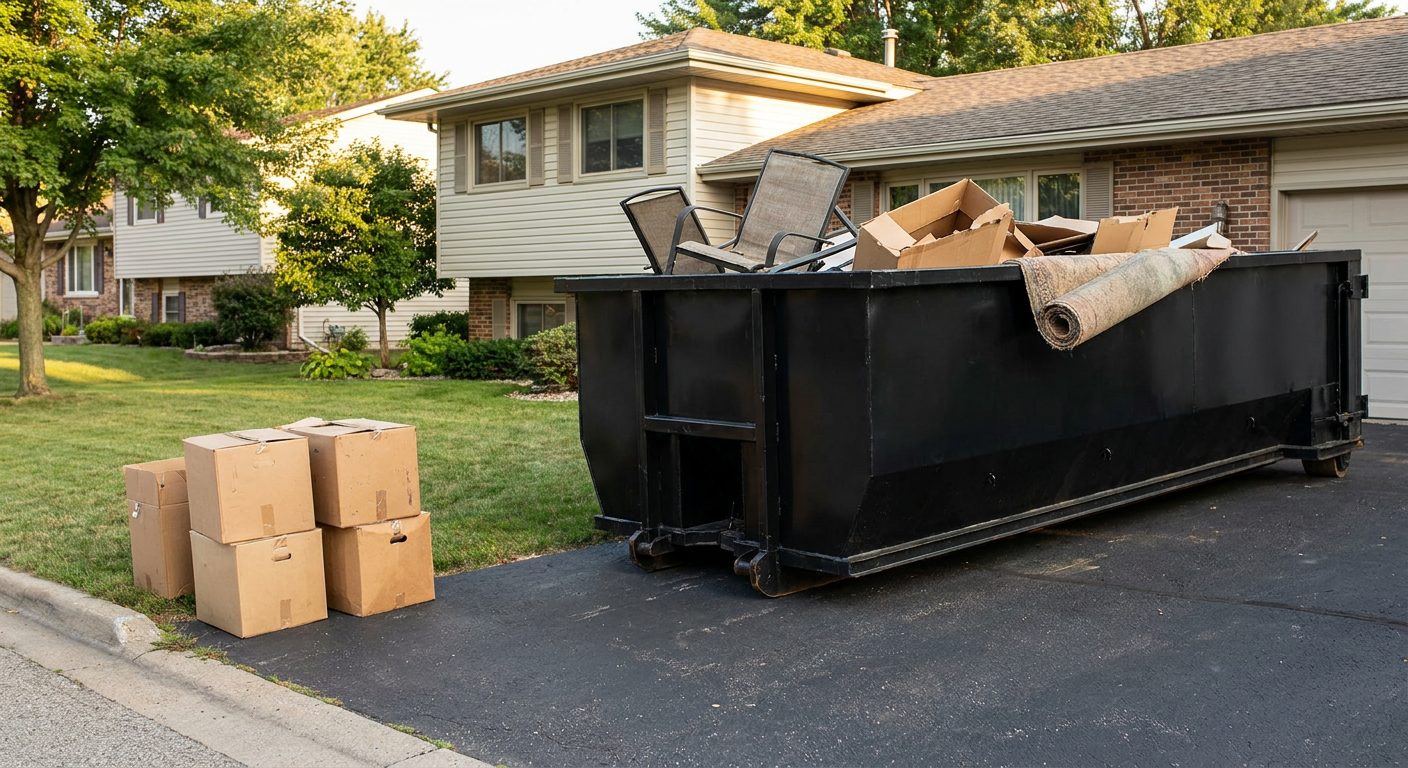 Front-yard view of a Towson split-level home with a 20-yard matte-black roll-off dumpster sitting directly on the asphalt driveway, a few clearly labeled donation boxes staged at the curb, calm sunny afternoon.