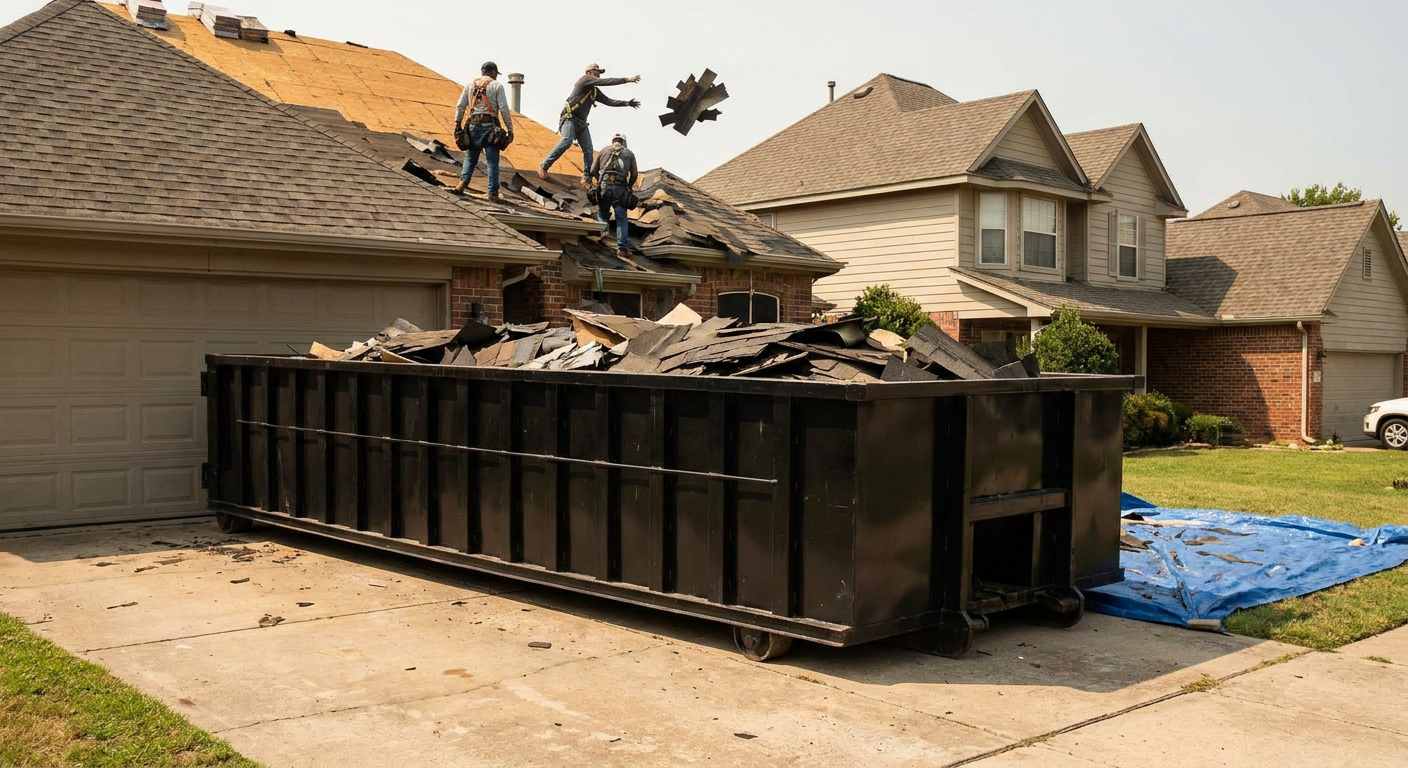 Matte-black roofing roll-off dumpster placed directly on a Towson residential concrete driveway, a tear-off crew on a two-story asphalt-shingle roof tossing shingle bundles into the low-walled container, bright daylight, documentary 35mm perspective.