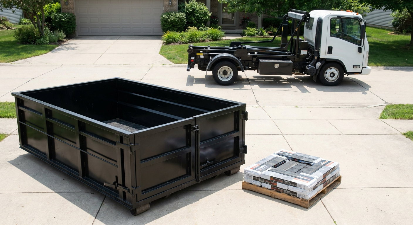 Matte-black 15-yard roofing roll-off dumpster with reinforced low side walls sitting directly on a Towson residential concrete driveway, three-tab asphalt shingle bundles stacked nearby, an unmarked white hauler truck partially visible at the edge of the frame.