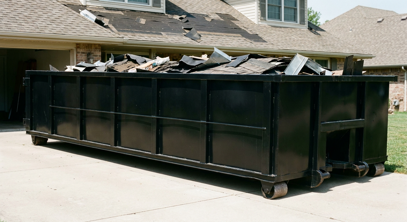 Matte-black 20-yard roofing roll-off dumpster with steel ribbed sides and swinging rear door, sitting directly on the concrete driveway of a two-story Towson home, asphalt shingle debris being loaded over the low wall, clean documentary lighting.
