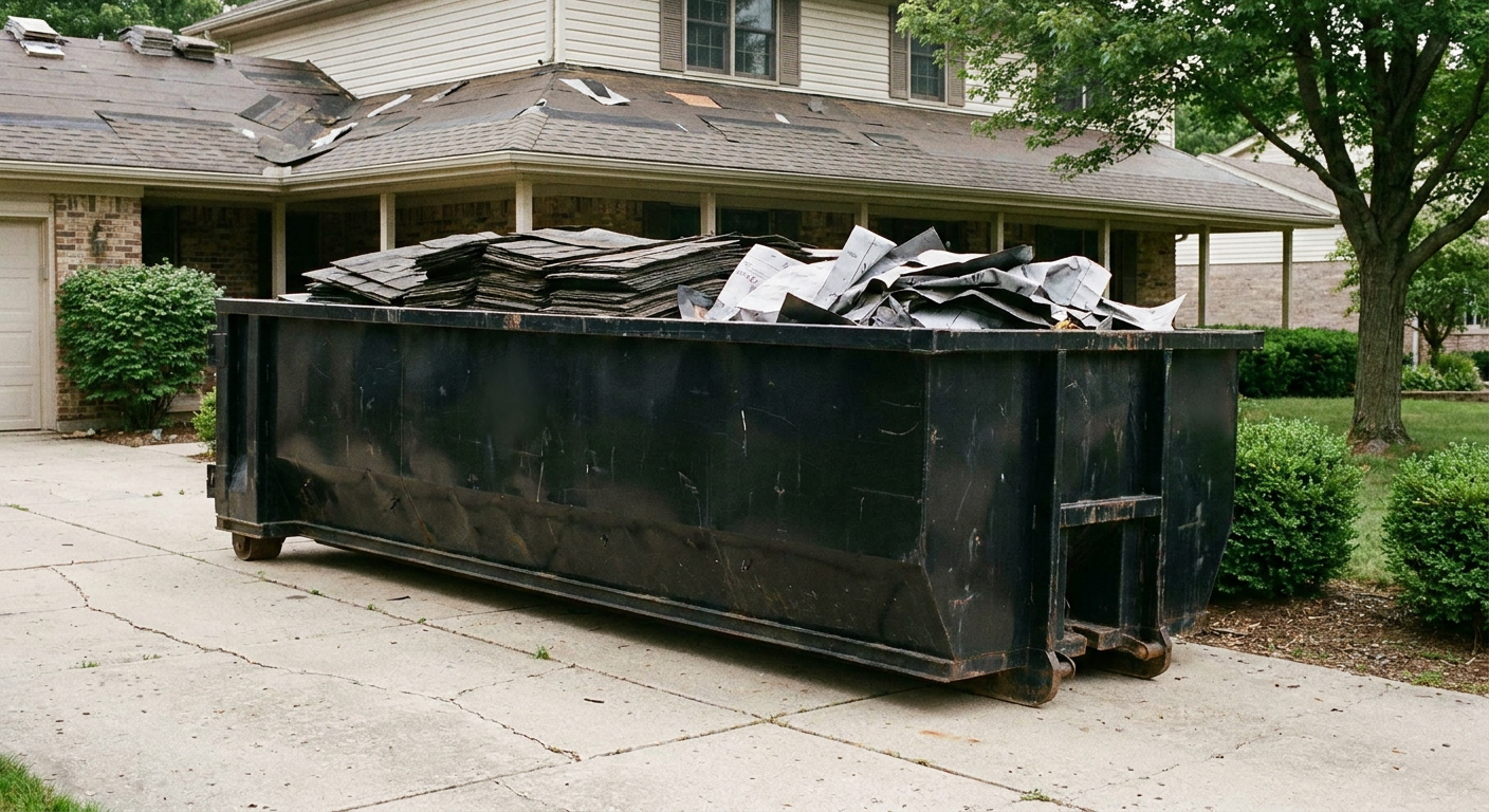 Matte-black 30-yard roofing roll-off dumpster sitting directly on a Towson concrete driveway, taller ribbed steel side panels, mixed tear-off debris of asphalt shingles and underlayment inside, professional documentary daylight.