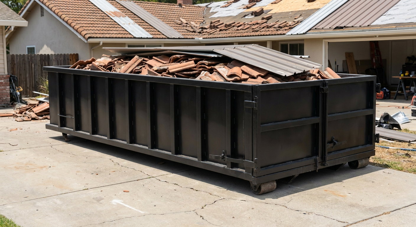Matte-black low-wall heavy-debris roofing roll-off dumpster sitting directly on a Towson concrete driveway, broken concrete clay roof tiles and metal panel sections loaded inside, reinforced ribbed steel side walls visible, bright outdoor daylight.