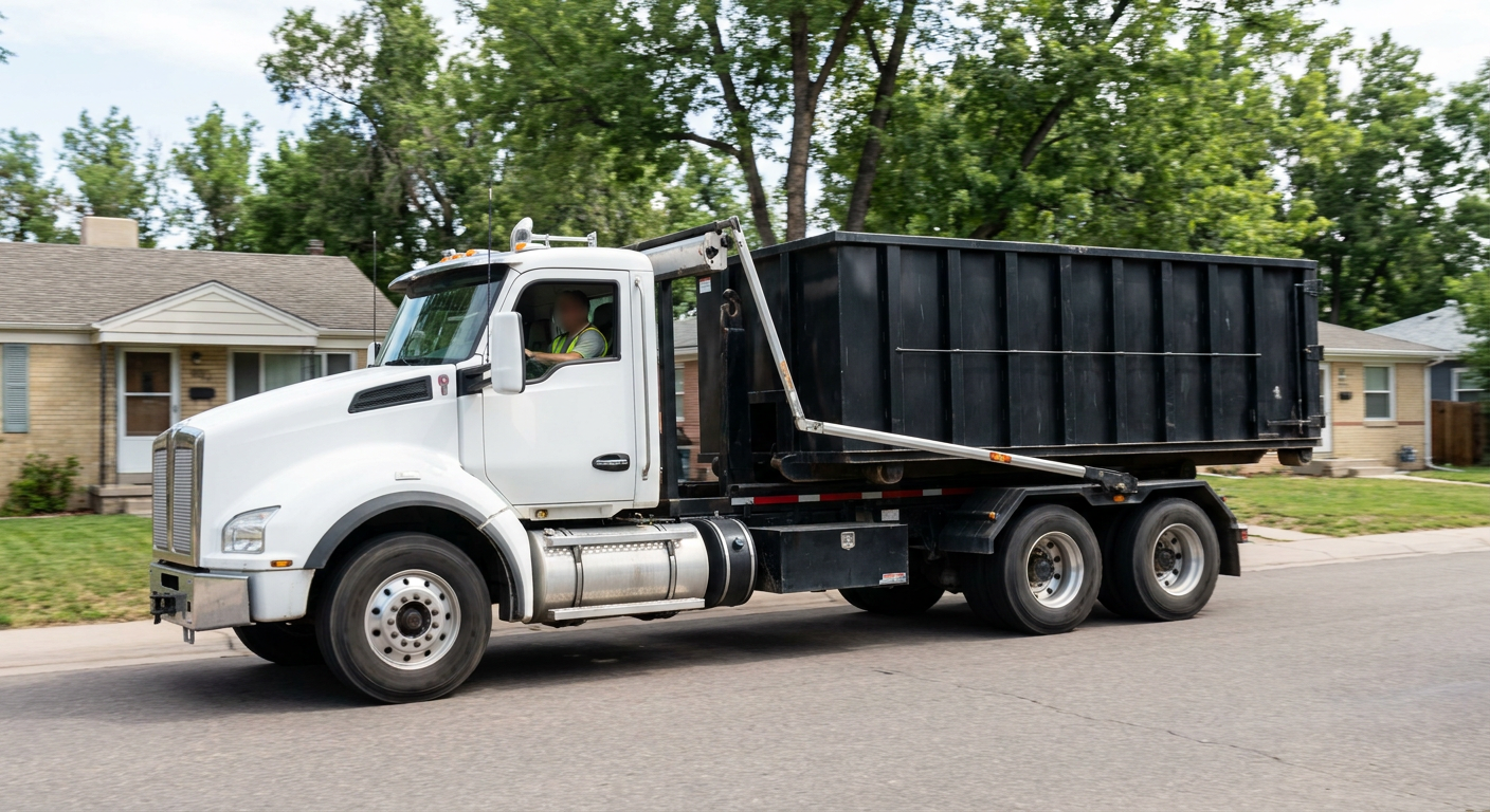 A wide documentary shot of a matte-black roll-off delivery truck pulling onto a quiet Towson residential street at mid-morning, with neighborhood rooftops and tree-lined blocks visible behind, showing the metro coverage footprint.