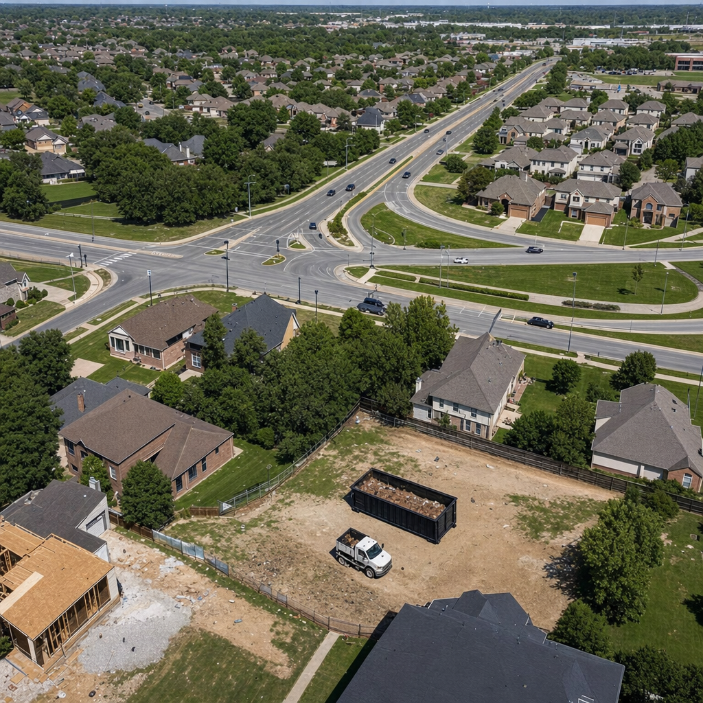 An overhead documentary view of the Towson metro area at midday, showing the spread of neighborhoods, arterial roads, and the dispatch radius from a central yard — clean daylight, organized geographic layout.