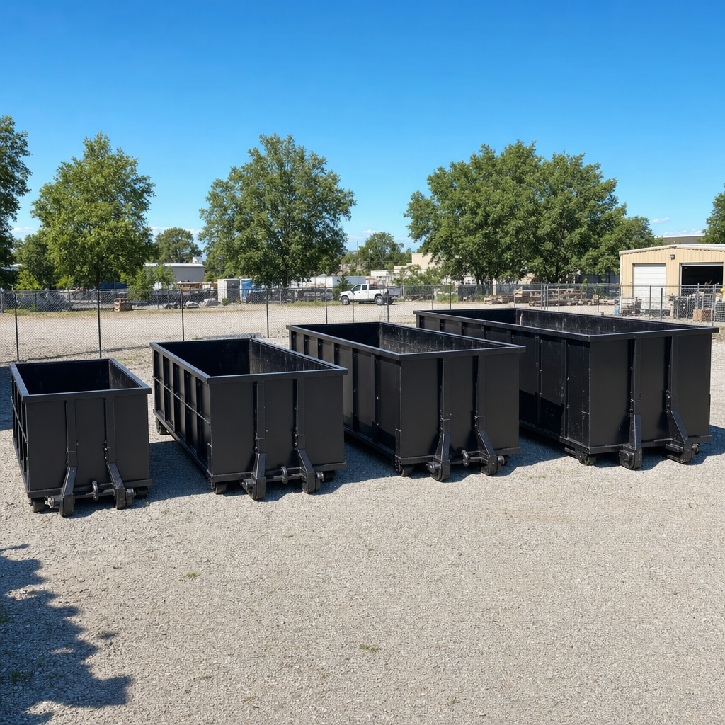 A clean lineup of matte-black roll-off dumpsters in 10, 20, 30, and 40-yard sizes staged on a sunlit gravel yard in Towson, showing the size progression from compact to commercial-scale containers.