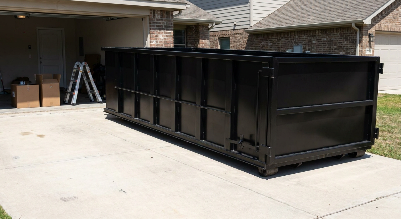 A matte-black 10-yard roll-off dumpster sitting directly on a residential Towson concrete driveway, mid-day sunlight, clean and ready for a garage cleanout.