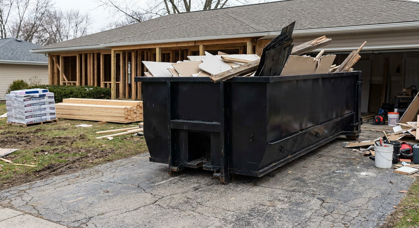 A matte-black 20-yard roll-off dumpster placed alongside a mid-renovation Towson home directly on the asphalt driveway, with framing materials and torn-off shingles staged neatly nearby.