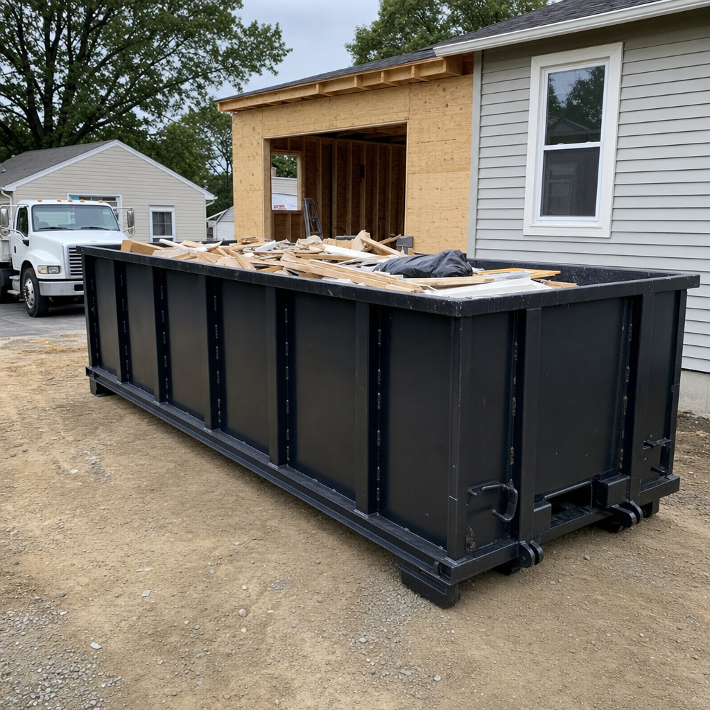 A matte-black 30-yard roll-off dumpster positioned at a Towson residential addition jobsite, with framing lumber and drywall scraps loaded through the open swinging rear doors.