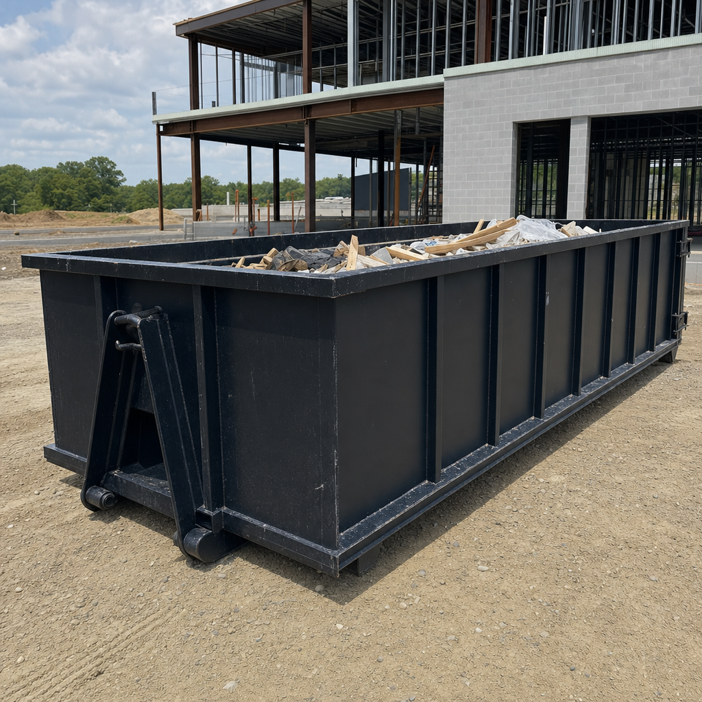 A matte-black 40-yard roll-off dumpster staged on a large Towson commercial construction lot, with a hooklift delivery truck parked alongside under bright midday sky.