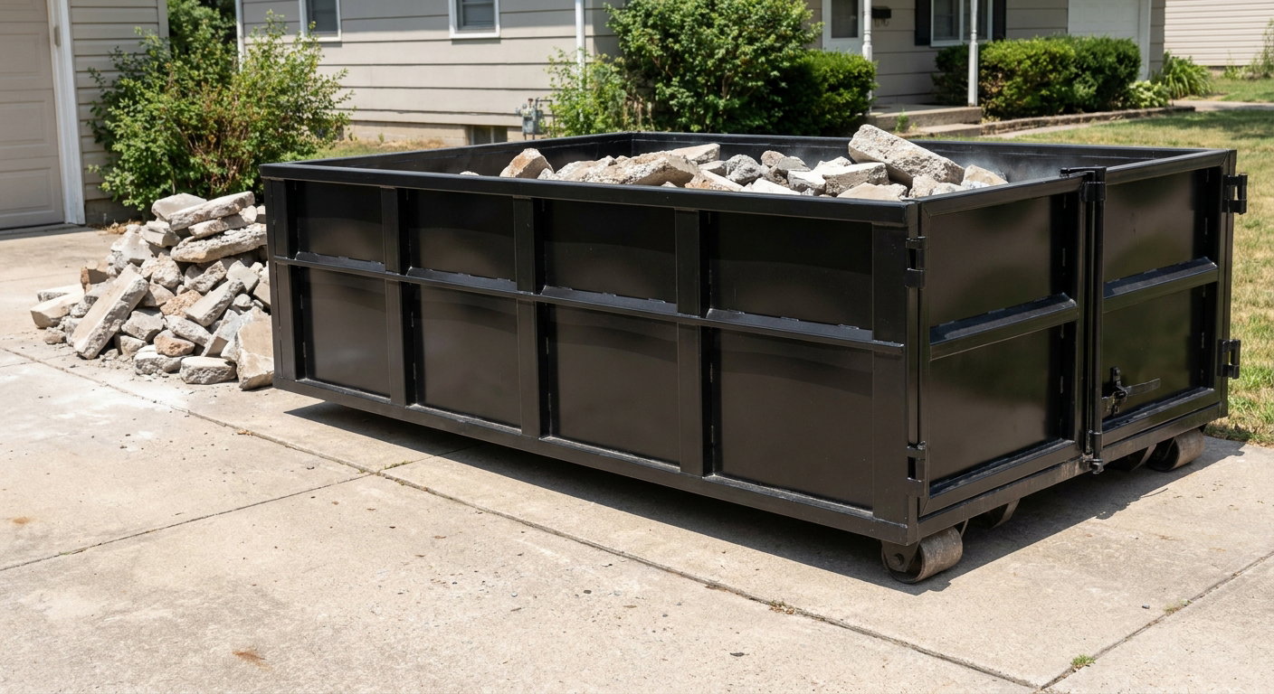 A matte-black low-side heavy-debris roll-off dumpster placed directly on a Towson concrete driveway, with broken concrete chunks neatly stacked beside it under clean daylight.