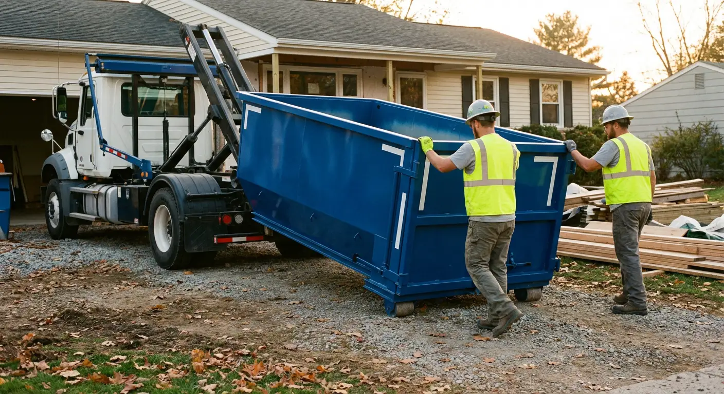 Construction dumpster delivery truck in action in Towson, MD