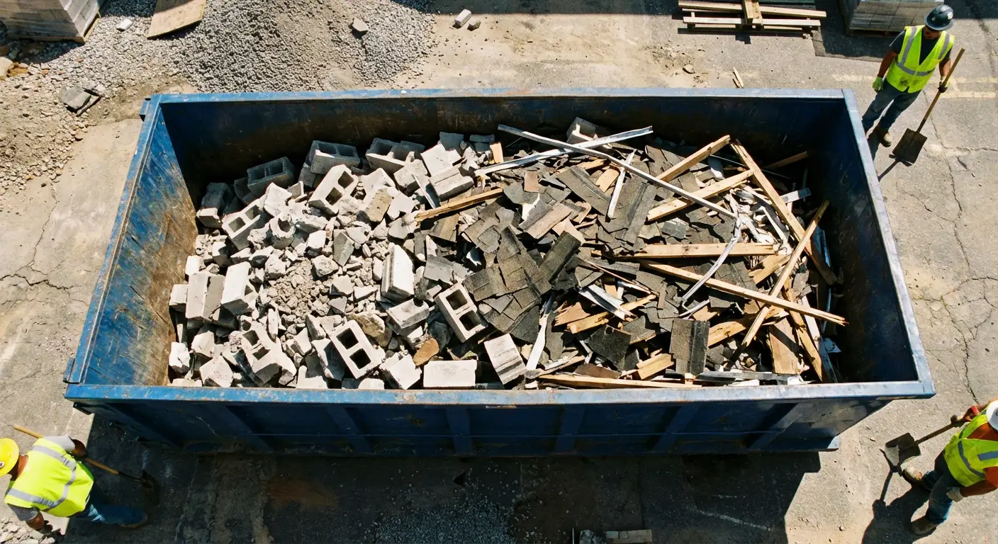 Roll-off dumpster loaded with construction debris in Towson, MD