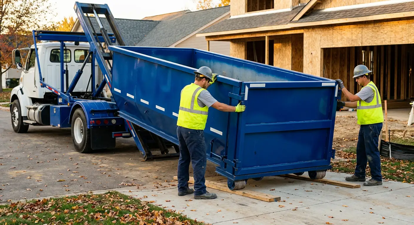 Roll-off dumpster delivery truck in residential area in Towson, MD