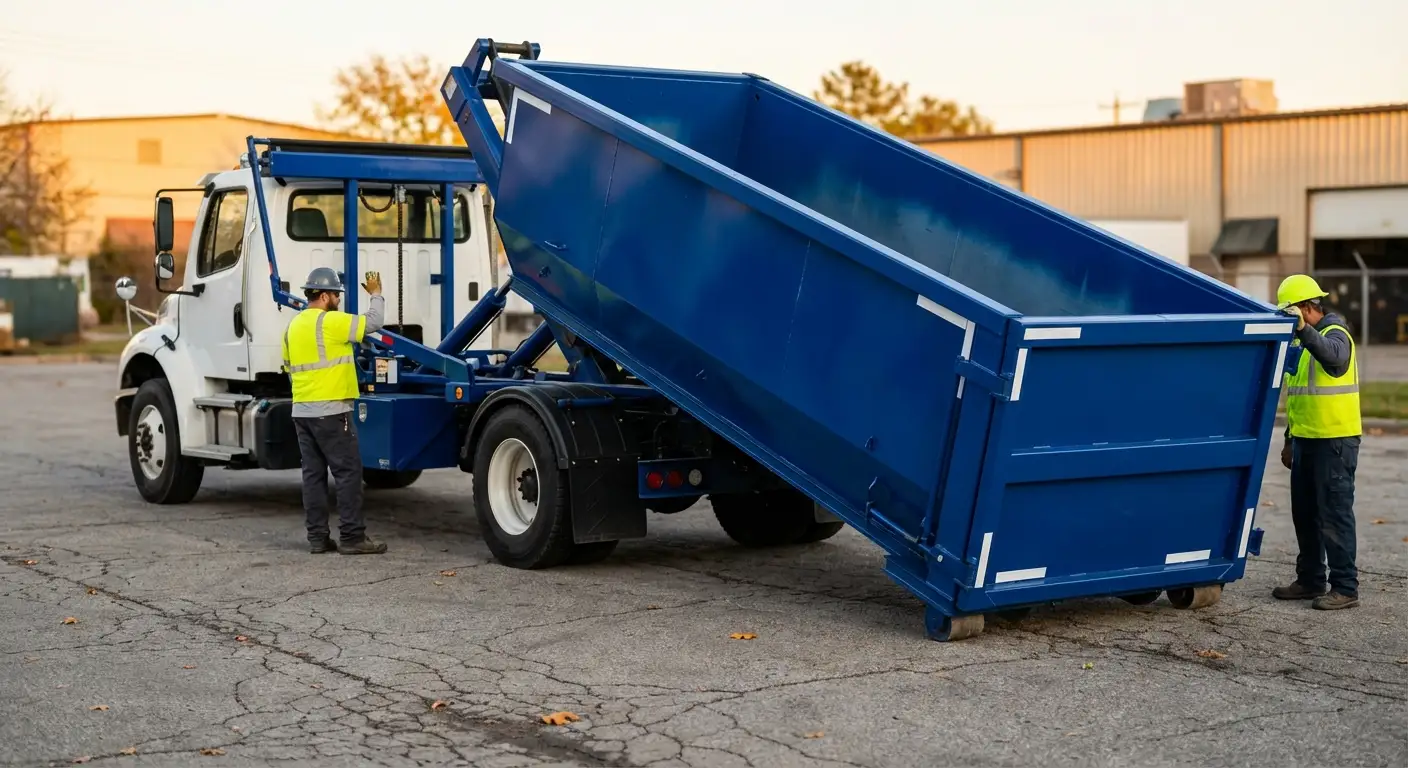 Roll-off dumpster rental truck protecting driveway surfaces in Towson, MD