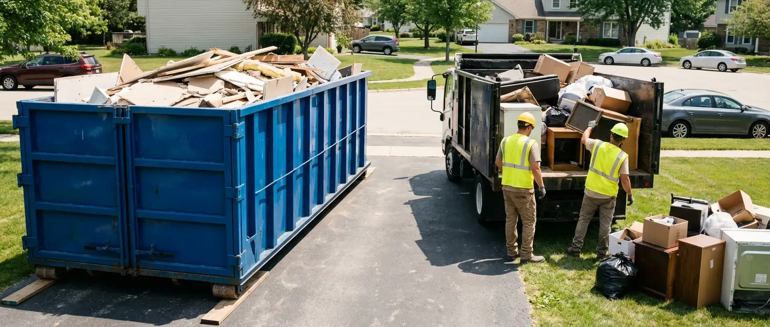 Dumpster rental versus junk removal service comparison showing capacity differences in Towson, MD